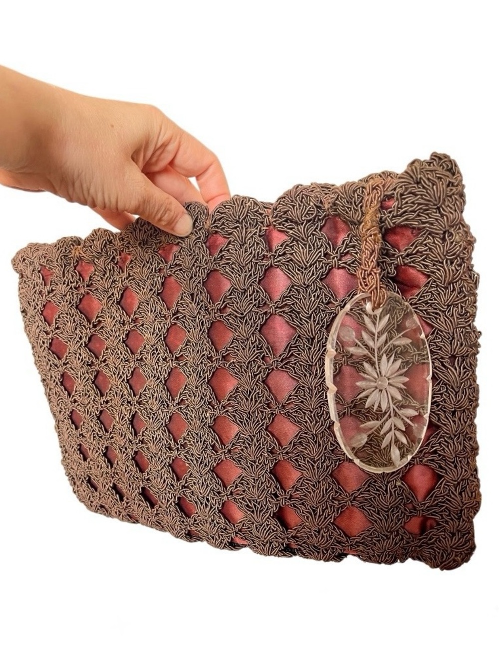 Vintage 1940s Crochet Clutch Handbag Brown Corde with Lucite Zip Pull Charm